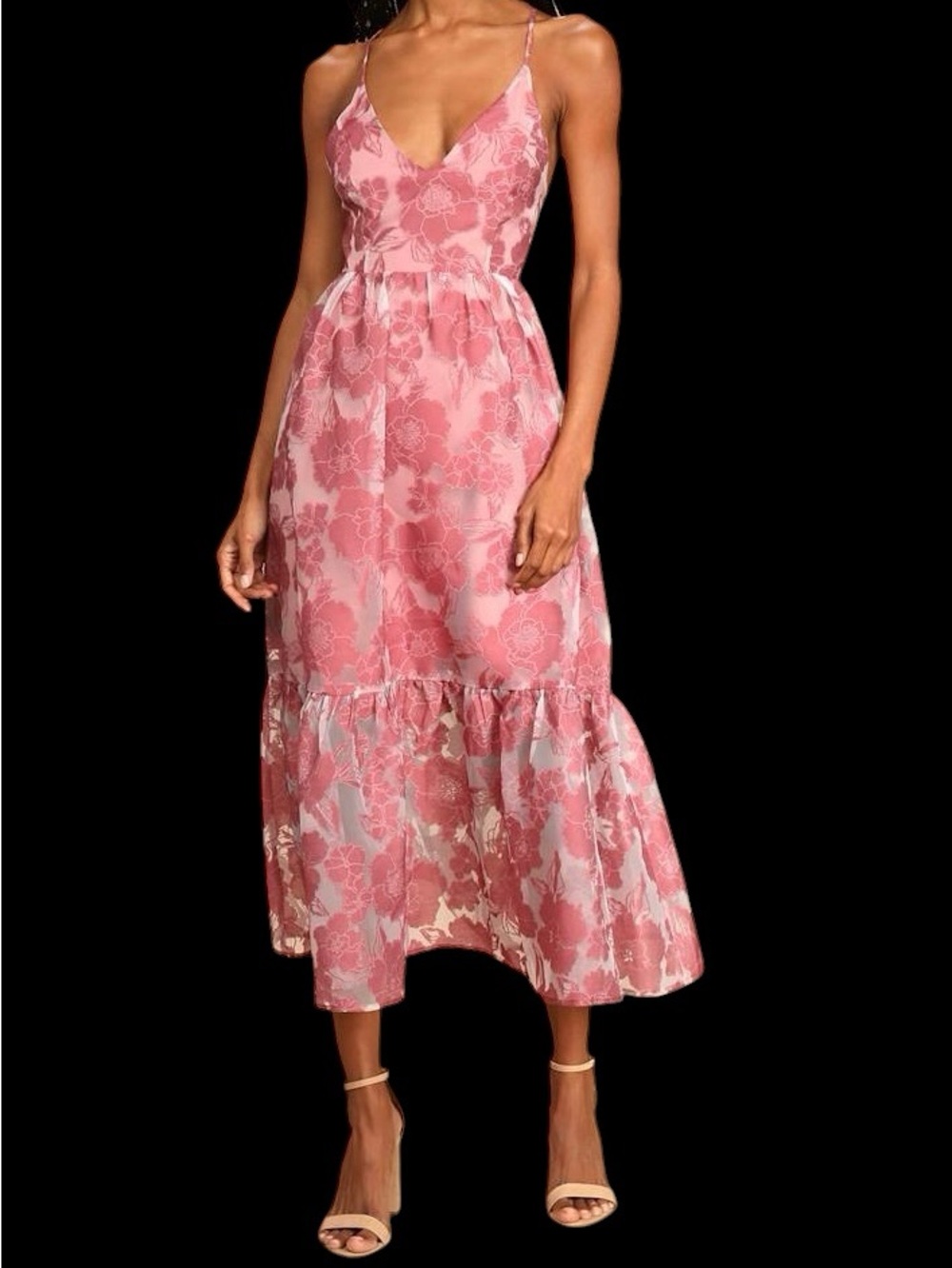Lulus Feeling Like Forever Rose Pink Jacquard Organza Lace-Up Midi Dress NWT